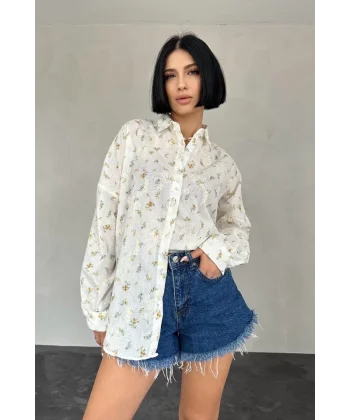 Sarı Brode Çiçek Nakışlı Klasik Gömlek