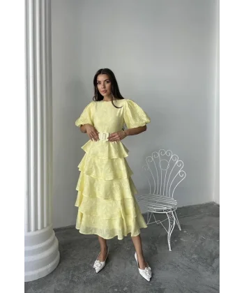 Sarı Kat Kat Balon Kollu Kemerli Elbise