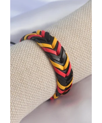 Sarı Kırmızı Siyah Renk Deri İpli Erkek Bileklik