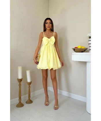 Sarı Önü Fiyonklu Askılı Elbise