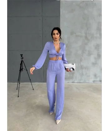 SATEN BÜZGÜ DETAYLI CROP BLUZ-PANTOLON TAKIM - Lila