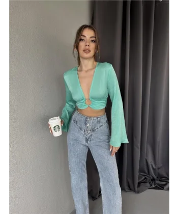 SATEN CROP TOKA DETAYLI BLUZ - Mint