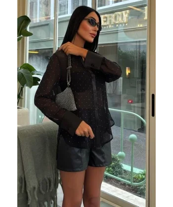 Saten Garnili Komple Taşlı Transparan Şifon Salaş Gömlek 3456