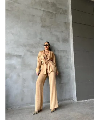 SATEN KİMONO - CROP BLUZ - PANTOLON TAKIM - Bej