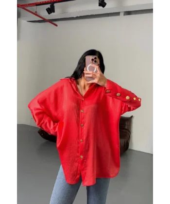 SATEN KRINKILL GÖMLEK MANŞET METAL DÜĞME SIRALI - Nar