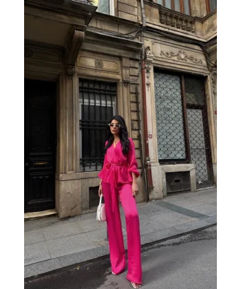 SATEN KRUVAZE BAĞLAMALI BLUZ- PANTOLON TAKIM - Fuşya