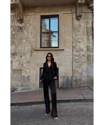 SATEN KRUVAZE BAĞLAMALI BLUZ- PANTOLON TAKIM - Siyah