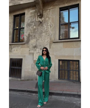SATEN KRUVAZE BAĞLAMALI BLUZ- PANTOLON TAKIM - Yeşil