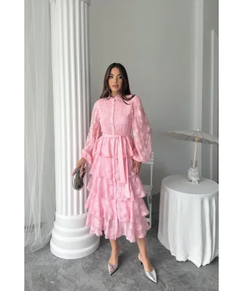 Şeker Pembesi Uzun Volanlı Elbise