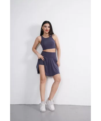 Sendy Kumaş Bisiklet Yaka Crop Şortlu Etek ikili Takım - Antrasit