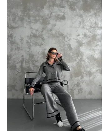 Şerit Detaylı Hırka Pantolon İkili Takım