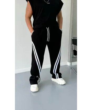 Şeritli Baggy Üç İplik Eşofman Pantolon - Siyah