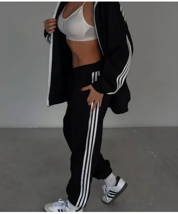 Şeritli Üç İplik Eşofman Takım - Siyah