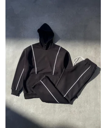 Şeritli Üç İplik Kapşonlu Eşofman Takım  iyah