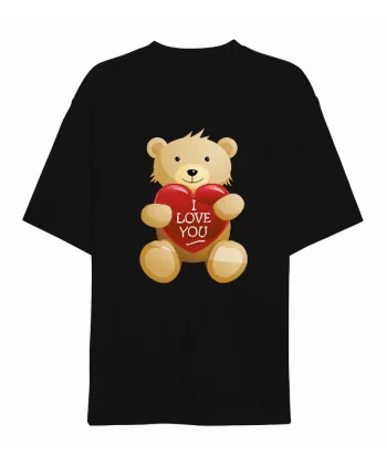 Sevgililer Günü İçin Özel Tasarım I Love You Ayı Baskılı T-shirt - Siyah
