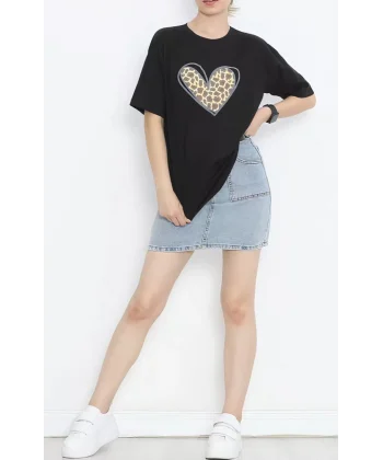 Sevgililer Günü İçin Özel Tasarım Leopar Kalp Baskılı T-shirt - Siyah
