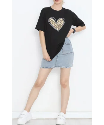 Sevgililer Günü İçin Özel Tasarım Leopar Kalp Baskılı T-shirt - Siyah