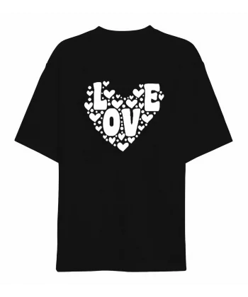 Sevgililer Günü İçin Özel Tasarım Love Kalp Baskılı T-shirt - Siyah