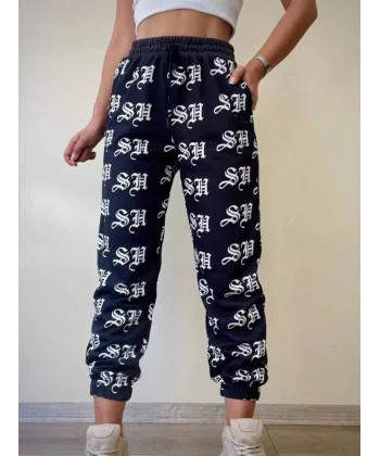 Sh Dijital Baskılı Bağcıklı Eşofman Altı - Siyah