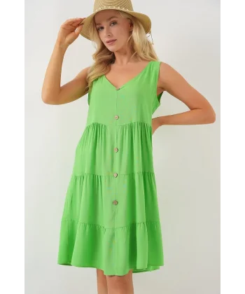 Sıfır Kol Düğmeli Kısa Elbise 2571 - Yeşil