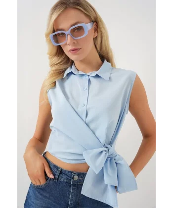 Sıfır Kol Önü Bağlamalı Gömlek 20340 - Mavi