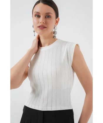 Sıfır Kol Taşlı Bluz 931 - Beyaz