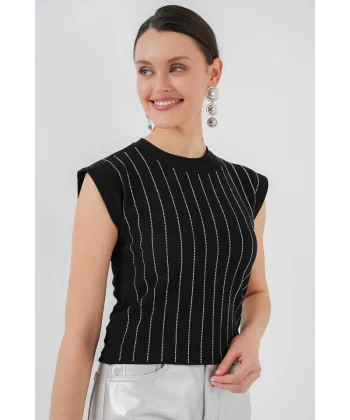 Sıfır Kol Taşlı Bluz 931 - Siyah