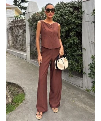 Sıfır Kollu Bluz Batik Desenli Pantolon İkili Takım 10181-08