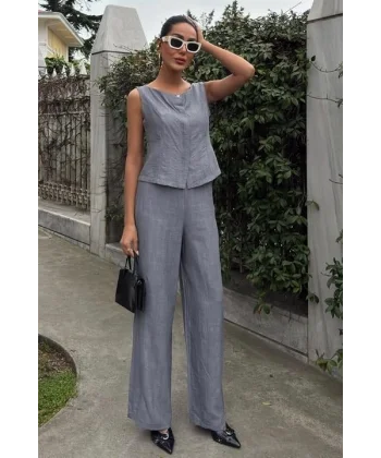 Sıfır Kollu Bluz Batik Desenli Pantolon İkili Takım 10181-08