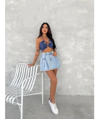 Şık Pileli Yazlık Mini Etekli Kot- Açık Mavi