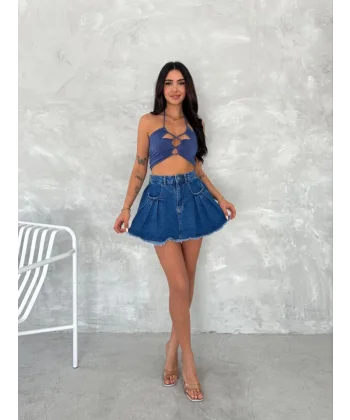 Şık Pileli Yazlık Mini Etekli Kot- Saks Mavisi