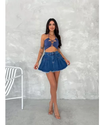 Şık Pileli Yazlık Mini Etekli Kot- Saks Mavisi