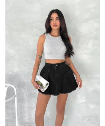 Şık Pileli Yazlık Mini Etekli Kot- Siyah