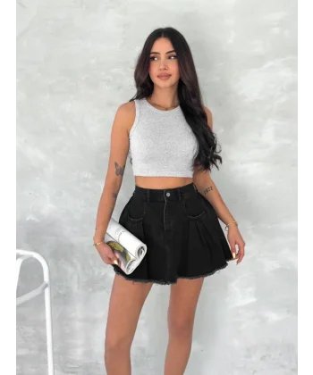 Şık Pileli Yazlık Mini Etekli Kot- Siyah