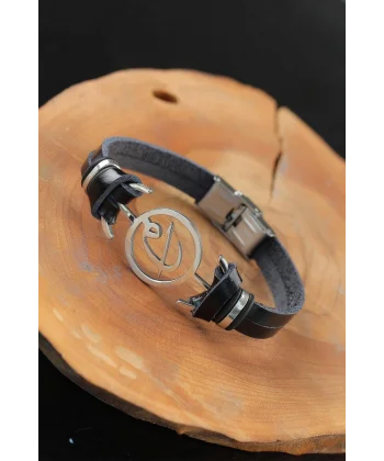 Silver Renk Elif Vav Çelik Aksesuarlı Siyah Renk Deri Erkek Bileklik