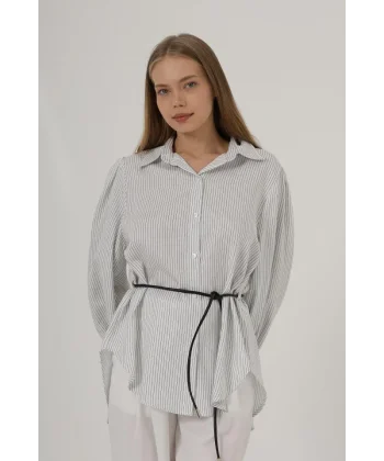 Simli Çizgili Kemerli Gömlek - Beyaz
