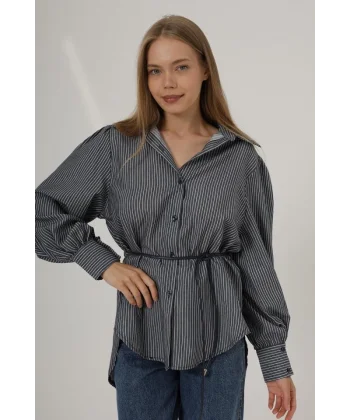 Simli Çizgili Kemerli Gömlek - Lacivert