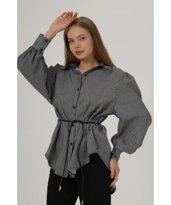 Simli Çizgili Kemerli Gömlek - Siyah