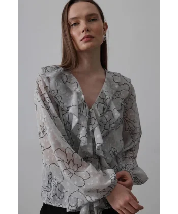 Simli Fırfırlı Gömlek - Gri