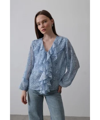 Simli Fırfırlı Gömlek - Mavi