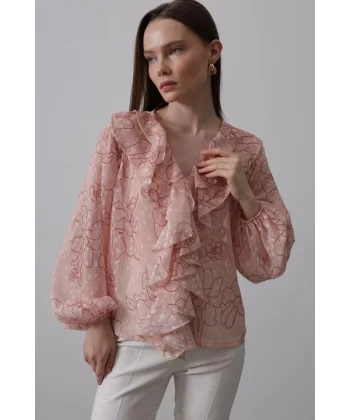 Simli Fırfırlı Gömlek - Somon