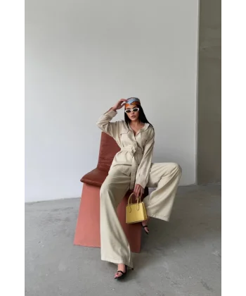 SİMLİ KUMAŞ SALAŞ PANTOLON - GÖMLEK TAKIM - Bej