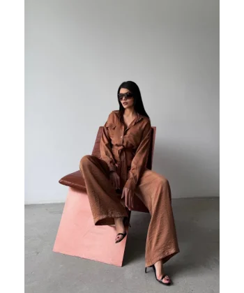 SİMLİ KUMAŞ SALAŞ PANTOLON - GÖMLEK TAKIM - Kahverengi