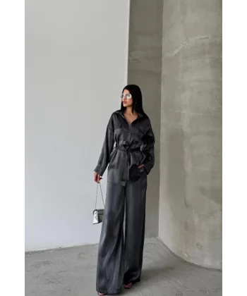 SİMLİ KUMAŞ SALAŞ PANTOLON - GÖMLEK TAKIM - Siyah