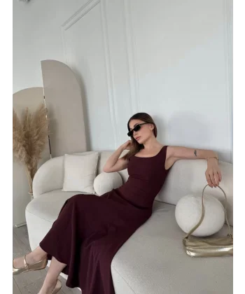 Sırt Dekolteli Kolsuz Uzun Elbise - Mürdüm