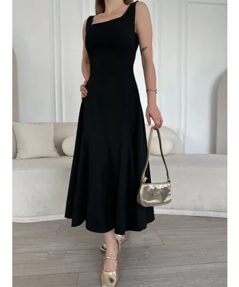 Sırt Dekolteli Kolsuz Uzun Elbise - Siyah