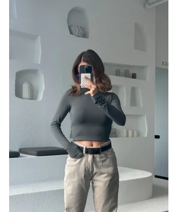 Sırt Dekoltelı Uzun Kollu Crop - Antrasit