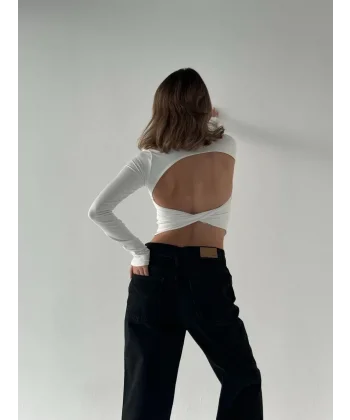 Sırt Dekoltelı Uzun Kollu Crop - Beyaz