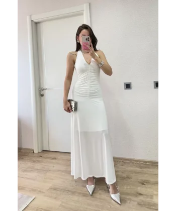 Sırt dekolteli Uzun Elbise - Beyaz
