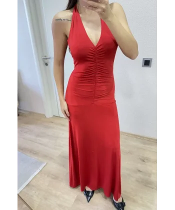 Sırt dekolteli Uzun Elbise - Kırmızı